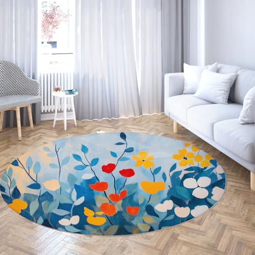 Abstrakter floraler runder Teppich für den Wohnzimmerbereich Rutschfester bunter Kreisteppich Blau Gelb Rot Blumendruck weicher niedriger Flor Moderne Teppiche 160cm Abstrakter floraler runder Teppich für den Wohnzimmerbereich Rutschfester bunter Kreisteppich Blau Gelb Rot Blumendruck weicher niedriger Flor Moderne Teppiche 160cm von WEECHAINGE