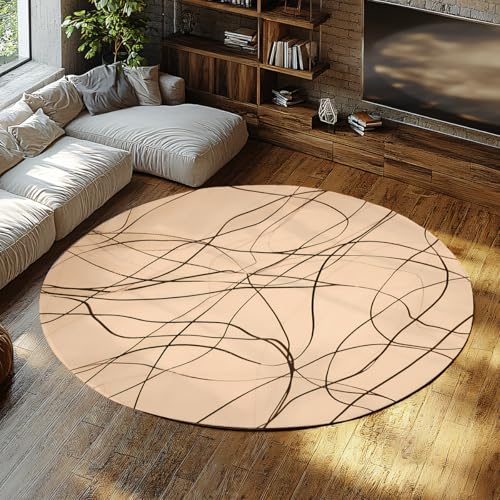 Abstrakter runder Nachttischteppich mit Liniendruck Waschbare Beige/Hellbraune Teppiche Weicher niederfloriger Teppich für Schlafzimmer Esszimmer Schmutzabweisende Bodenmatte den 60cm von WEECHAINGE