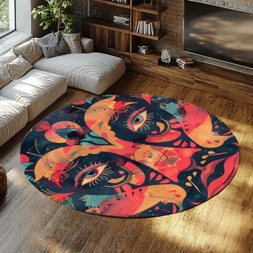 Abstraktes mehrfarbiges Gesicht Runde kleine Teppiche Maschinenwaschbar Weiche rutschfeste für Wohnzimmer Moderner Boho-Druck Flachfloriger Kreisteppich Büro Esszimmer Klassenzimmer 100cm von WEECHAINGE