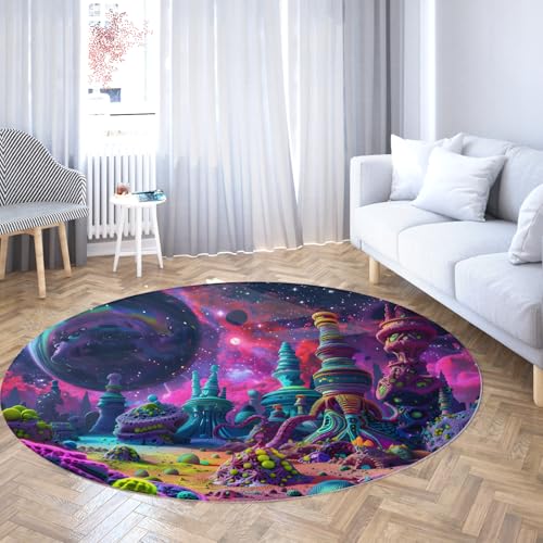 Alien Planet Runder Teppich für Klassenzimmer Bunte Galaxie Bereich Teppich für Schlafzimmer Kinder Spielzimmer Sci Fi Fantasy Waschbarer Rutschfester Bodendekoration 100cm von WEECHAINGE