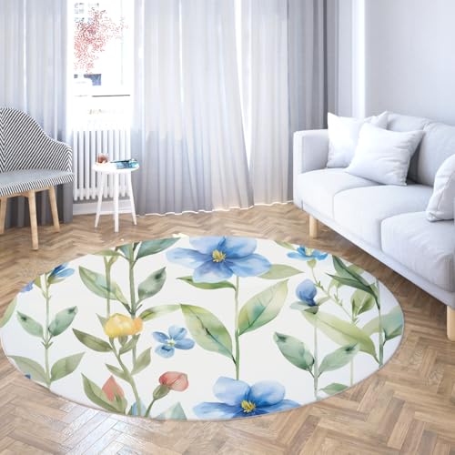 Aquarell Blau Blumen Kreis Herbst Küchenteppiche Nicht Haarwurf Faltbarer Teppich Kurzflor Pastell Botanisch Rund Waschbarer Wohnteppich für Wohnzimmer Schlafzimmer Kinderzimmer Kinderraum 150cm von WEECHAINGE