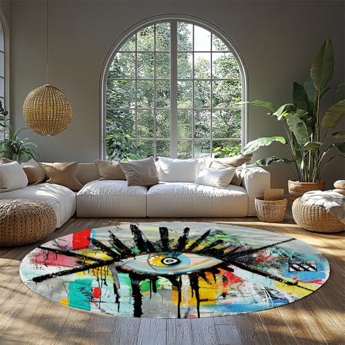Auge Graffiti Runder Teppich für Wohnzimmer Waschbar Kreis Abstrakte Street Art Pop Design Teppich rutschfest Bunt für Schlafzimmer Schlafsaal Studio 60cm von WEECHAINGE