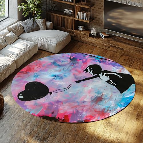 Ballon Mädchen Street Art Teppiche Maschinenwaschbar Bereich Teppich Wohnzimmer Schlafzimmer Badezimmer Küche Eingangsbereich Büro niedrig Flor Fleckenabweisend Graffiti Blau Rosa Schwarz 80cm von WEECHAINGE