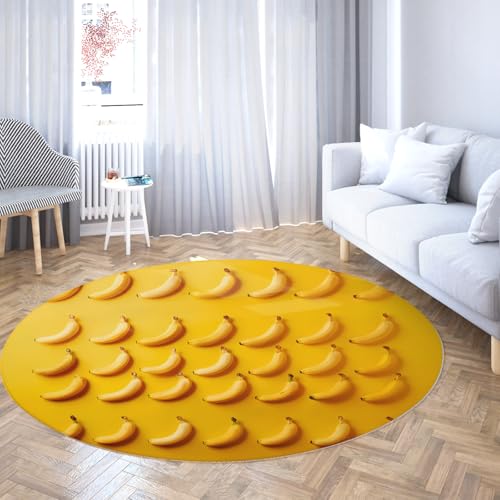 Bananenmuster Runder waschbarer Teppich Gelbes Fruchtthema Rutschfestes niedrigfloriges Distressed Carpe für Kinderzimmer Spielzimmer unter Esstisch Dekor 120cm von WEECHAINGE