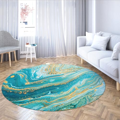 Blau Gold Abstraktes Muster Runder Teppich Waschbarer Teppich für Wohnzimmer Schlafzimmer Weicher Rutschfester niedriger Florbereich Bodenmatte Leicht zu reinigen 150cm von WEECHAINGE