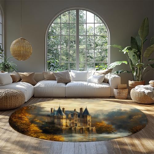 Blau Grau Gold Abwaschbare Teppiche für Wohnzimmer Schlafzimmer Schmutzabweisend Distressed Vintage Schloss Landschaft Akzent Teppich rutschfest Low Pile Weich Küche Nachttisch Kinderzimmer 160cm von WEECHAINGE