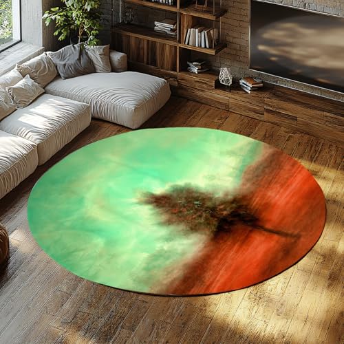 Blaugrün Rost Rot Runde Veranda Teppiche Abstrakte Kunst Baum Druck Waschbare Badematte Rutschfester Niederflor Kreis Teppich für Wohnzimmer Schlafzimmer Badezimmer Bad Küche Kinderzimmer 120cm von WEECHAINGE