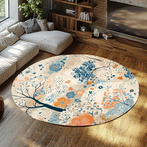 Blumen Runde Veranda Teppich Dünne Kreis Teppiche Waschbar Indoor Weich Modern Bedruckt Rutschfester Wohnteppich Für Wohnzimmer Kinderzimmer Schlafzimmer Esszimmer Blau Orange Beige 150cm von WEECHAINGE