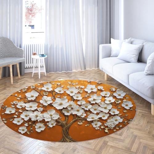 Blumen runder Teppich Kreis waschbare Bereich Teppiche für Schlafzimmer Badezimmer Eingangsbereich Kleine Boho Vintage Orientalische Blüte Baum Wohnteppich rutschfest weiches Kinderzimmer 240cm von WEECHAINGE