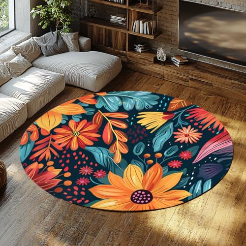 Boho Floral Round Area Teppich Waschbare Wohnzimmerteppiche Weicher rutschfester Non Shedding Print Bodenteppich für Schlafzimmer Esszimmer Kinderzimmer Dunkle Marine Blaugrün Orange Gelb 90cm Boho Floral Round Area Teppich Waschbare Wohnzimmerteppiche Weicher rutschfester Non Shedding Print Bodenteppich für Schlafzimmer Esszimmer Kinderzimmer Dunkle Marine Blaugrün Orange Gelb 90cm von WEECHAINGE