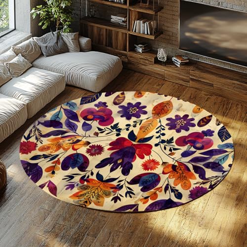 Bold Boho Blumenmuster Bereich Teppich für Wohnzimmer Waschbarer Rutschfester Wohnteppich Kurzflor Weicher Vintage-Druck Runder Eingangsteppich Schlafzimmer Esszimmer Küche Eingangsbereich 80cm von WEECHAINGE