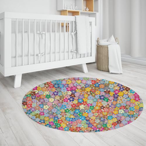 Bunte Blume Burst Runder Bereich Teppich Kinderzimmer Blumenspielmatte Heller mehrfarbiger Rutschfester weicher Kreisteppich für Kinderzimmer Spielzimmer 90cm von WEECHAINGE