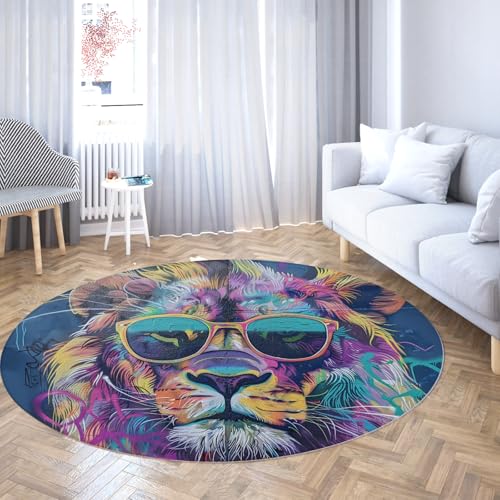 Bunte Löwe Runde extra große Teppiche für den Eingangsbereich weiche rutschfeste Schlafzimmerteppiche mit Tier-Graffiti-Druck niedrigflorig für Esszimmer Schlafsaal 150cm Bunte Löwe Runde extra große Teppiche für den Eingangsbereich weiche rutschfeste Schlafzimmerteppiche mit Tier-Graffiti-Druck niedrigflorig für Esszimmer Schlafsaal 150cm von WEECHAINGE