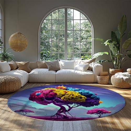 Bunter Gehirn Baum Kreis Teppich Abstraktes surreales Kunstwerk Weicher dünner Nicht schuppender runder Kleiner Teppich für Lounge Schlafzimmer Büro Heimdekoration 135cm von WEECHAINGE