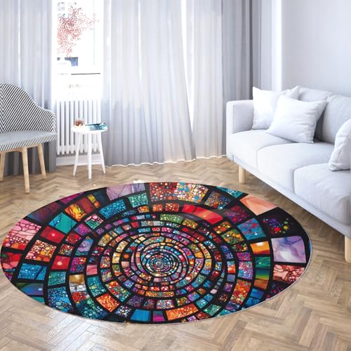 Buntes Mosaik Spiralförmiger runder Flurteppich Regenbogen Buntglas Stil Kreis Teppich für Schlafzimmer Wohnzimmer Schlafsaal Kinderzimmer Weich waschbar 150cm Buntes Mosaik Spiralförmiger runder Flurteppich Regenbogen Buntglas Stil Kreis Teppich für Schlafzimmer Wohnzimmer Schlafsaal Kinderzimmer Weich waschbar 150cm von WEECHAINGE