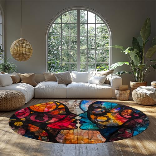 Buntglasgesichter runder Terrassenteppich für Wohnzimmer abwaschbar neutral modern abstrakt dünn weich bunt Innenboden Teppich rutschfest Schlafzimmer unter Esstisch und Home Office Dekor 90cm von WEECHAINGE