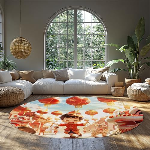 Chinesisches Neujahr Round Kleiner Teppich Waschbar Kinder Spielmatte Laternen Löwe Tanz Festlicher Runder Teppich für Schlafzimmer Wohnzimmer Kinderzimmer Schlafsaal 180cm Chinesisches Neujahr Round Kleiner Teppich Waschbar Kinder Spielmatte Laternen Löwe Tanz Festlicher Runder Teppich für Schlafzimmer Wohnzimmer Kinderzimmer Schlafsaal 180cm von WEECHAINGE