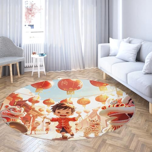 Chinesisches Neujahrsfest bodenbelag für Kinder Spielzimmer Kinderzimmer Rote Laterne & Löwe Tanz Cartoon Teppich Weich waschbar niedrigflorig für festliches Schlafzimmer 120cm Chinesisches Neujahrsfest bodenbelag für Kinder Spielzimmer Kinderzimmer Rote Laterne & Löwe Tanz Cartoon Teppich Weich waschbar niedrigflorig für festliches Schlafzimmer 120cm von WEECHAINGE
