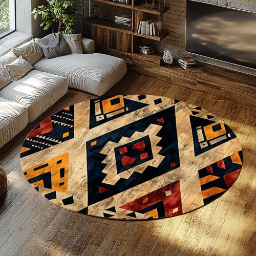 Circle Traditional Aztec Round Playroom Teppich Vintage inspirierter Distressed Boho Teppich für Wohnzimmer Schlafzimmer weich waschbare Bodenmatte 135cm Circle Traditional Aztec Round Playroom Teppich Vintage inspirierter Distressed Boho Teppich für Wohnzimmer Schlafzimmer weich waschbare Bodenmatte 135cm von WEECHAINGE