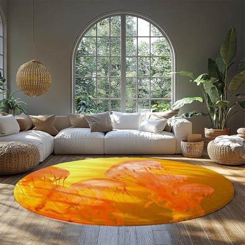 Collection Area Teppich Rund Orange & Gelb Modernes Quallen-Design Nicht haarend & pflegeleicht für stark frequentierte Bereiche im Wohnzimmer Schlafzimmer Kinder Mädchen Jungen Schlafsaal 150cm von WEECHAINGE