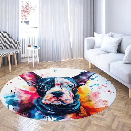 Colour Splash Hund Runder Teppich Tier mit Brille Aquarell Splash Pop Art Design Weicher dünner Kreis Teppich für Wohnheim Eingangsbereich Küche Zuhause 200cm von WEECHAINGE