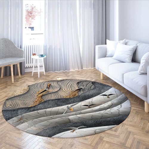 Crane Runder Teppich Waschbarer Rutschfester Schlafzimmerteppich für den Eingangsbereich des Wohnzimmers Niedrigflorig Orientalisch Akzent Grau Schwarz mit goldfarbenen Wellen Minimales 100cm von WEECHAINGE