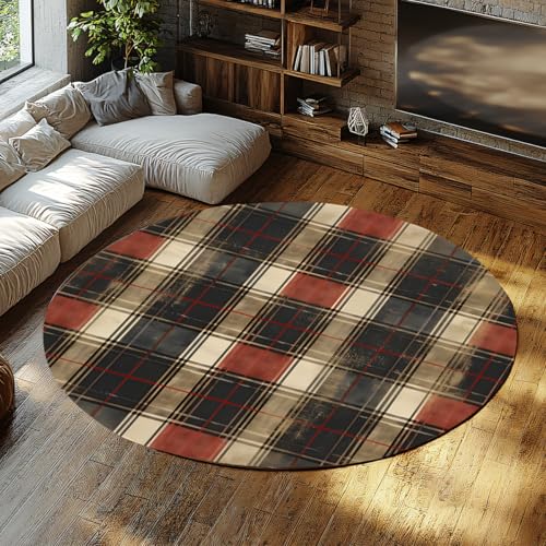 Distressed Vintage Plaid Tartan Runde Teppiche Waschbar Schmutzabweisender Rutschfester niedriger Flor Weicher Teppich für Schlafzimmer Nachttisch Indoor Bauernhaus Kinder Spielzimmer 240cm von WEECHAINGE