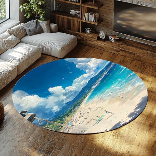 Dünne waschbare runde Terrassenteppiche Küste Strand Seascape Kreis Bereich Teppich für Schlafzimmer Eingangsbereich Rutschfester Nicht ablösender Niederflorteppich Wohnzimmer Couchtisch 135cm von WEECHAINGE