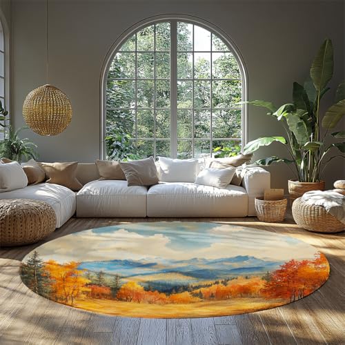Dünne waschbare runde kleine Teppiche für Schlafzimmer Herbst Berg Landschaft Kreis Bereich Teppich Eingangsbereich Vintage Rutschfester Nicht ablösender Wohnteppich Wohnzimmer Couchtisch 100cm von WEECHAINGE