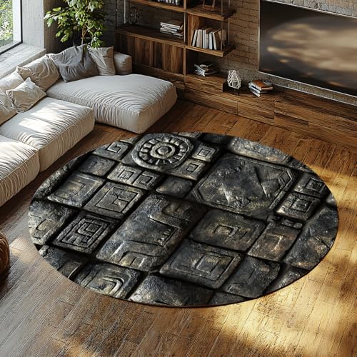 Dünner abwaschbarer runder Badezimmerteppich anthrazitgrauer steingeschnitzter Wohnzimmerkreisteppich Vintage Tribal Rock Pattern Esszimmermatte schmutzabweisender Kinderzimmerteppich für 80cm von WEECHAINGE