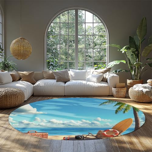 Dünner abwaschbarer runder großer Teppich Küste Strand Kreis Bereich Teppiche für Schlafzimmer Eingangsbereich Sommer rutschfest nicht verschüttet Niederflorteppich Wohnzimmer Couchtisch 180cm von WEECHAINGE