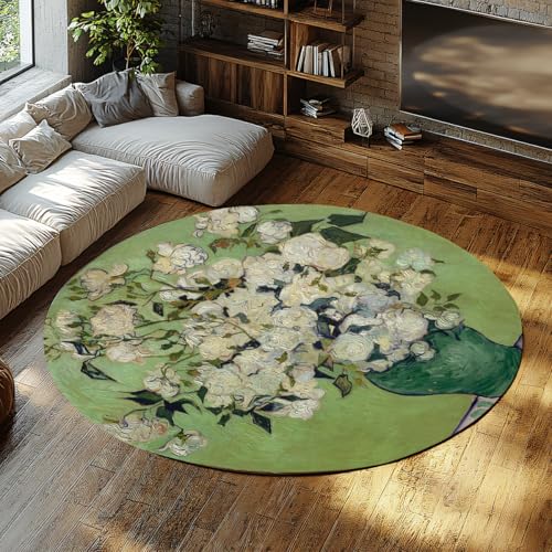 Eine Vase mit Rosen Runder Teppich 60cm Klassisches Kunstwerk Berühmte Ölgemälde Blumen Kreis Küchenteppiche Weicher Kurzflor Schmutzabweisender abwaschbarer Bodenteppich für von WEECHAINGE