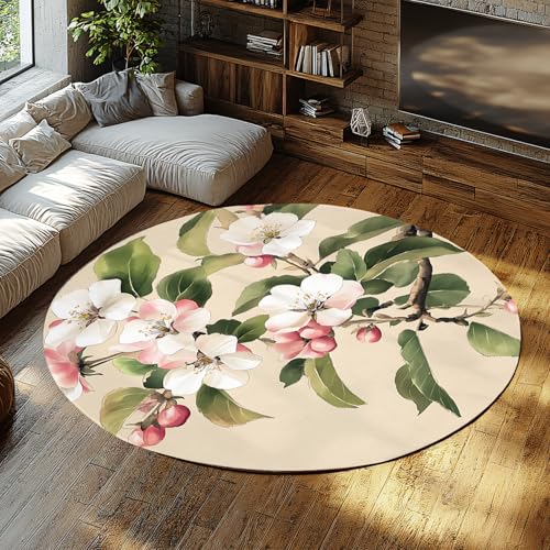 Elegante asiatische Florale runde Teppiche für Wohnzimmer orientalischer Beiger Teppich weiße Blumen rosa Knospen fleckenabweisend für Schlafzimmer Wohnkultur 150cm Elegante asiatische Florale runde Teppiche für Wohnzimmer orientalischer Beiger Teppich weiße Blumen rosa Knospen fleckenabweisend für Schlafzimmer Wohnkultur 150cm von WEECHAINGE