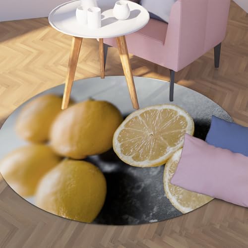 Frische Zitronenscheibe Fotografie Prin Runder Teppich Dünner waschbarer Rutschfester Kreisteppich für Küche oder Esszimmer Dekor Gelb Grau 120cm von WEECHAINGE