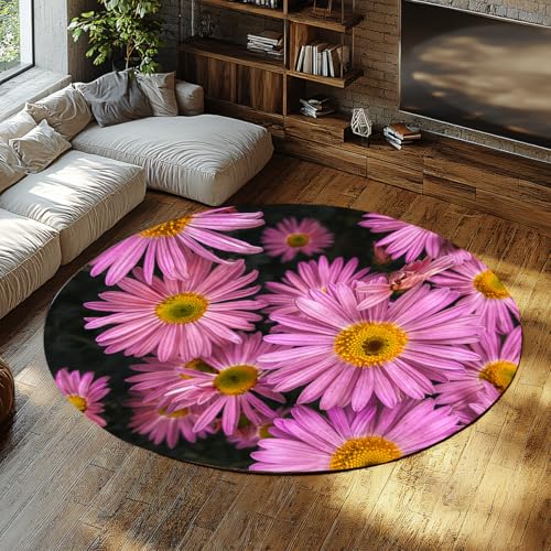 Frühling Blumen Runde Kinder Schlafzimmer Teppiche Rosa Gänseblümchen Blumendruck Rutschfester waschbarer Schlafsaal Zimmer Teppich niedriger Flor für Wohnzimmer Schlafraum Kinderzimmer 135cm von WEECHAINGE