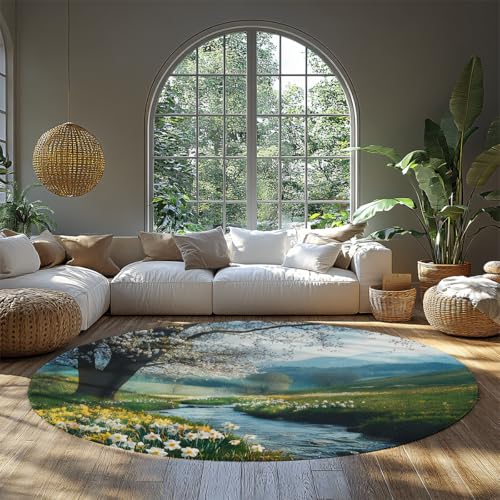 Frühling Wiese Runde Teppiche für Wohnzimmer Blüte Baum & Bach Vintage Blumenlandschaft rutschfeste Terrassenteppiche Waschbarer weicher niedrigfloriger Kreisteppich Schlafzimmer Küche Büro 150cm von WEECHAINGE
