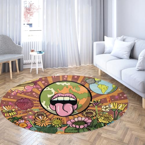 Funky Zunge Blume Runde Wohnzimmerteppiche Pop Art Kleine waschbare Bunte Boho Kreis Teppich rutschfeste Rückseite für Schlafzimmer Schlafsaal Dekor 150cm Funky Zunge Blume Runde Wohnzimmerteppiche Pop Art Kleine waschbare Bunte Boho Kreis Teppich rutschfeste Rückseite für Schlafzimmer Schlafsaal Dekor 150cm von WEECHAINGE