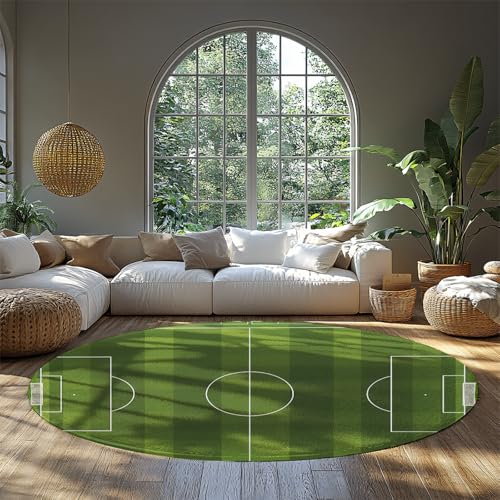 Fußballfeld Runde Kinderteppiche für Schlafzimmer Grün Fußballplatz Design Waschbarer Rutschfester Kreis Veranda Teppich für Kinderzimmer Spielbereiche 60cm von WEECHAINGE