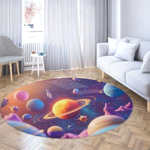 Galaxy Runder Teppich Weltraum Thema Planet Kreis Teppich für Kinder Schlafzimmer Kinderzimmer Spielzimmer Bunte Astronaut Rakete Saturn Universum Bereich Teppich 80cm von WEECHAINGE