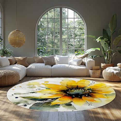 Gelber Kreisteppich Aquarellstil Sonnenblume Blumen Vintage waschbare runde Teppiche Rutschfester niedriger Flor Kleiner runder Teppich für Schlafzimmer Badezimmer Eingangsbereich 135cm Gelber Kreisteppich Aquarellstil Sonnenblume Blumen Vintage waschbare runde Teppiche Rutschfester niedriger Flor Kleiner runder Teppich für Schlafzimmer Badezimmer Eingangsbereich 135cm von WEECHAINGE