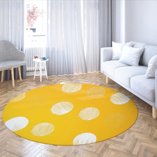 Gelber und weißer Teppich Waschbare runde Teppiche für Wohnzimmer Eingangsbereich Schlafzimmer Küche Moderner Punktteppich mit Rutschfester Rückseite Dünner niedriger Flor 90cm von WEECHAINGE