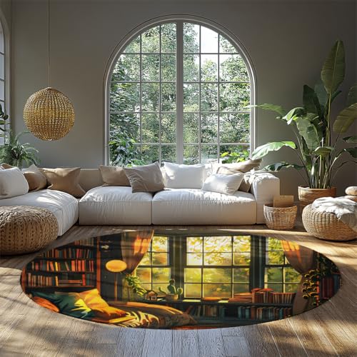Gemütliche Leseecke Kreis Bereich Teppiche für Wohnzimmer Maschinenwaschbar rutschfest niedriger Flor weicher runder Teppich Fenster Bücherregal Pflanze Warmer Sonnenlichtdruck Schlafzimmer 240cm Gemütliche Leseecke Kreis Bereich Teppiche für Wohnzimmer Maschinenwaschbar rutschfest niedriger Flor weicher runder Teppich Fenster Bücherregal Pflanze Warmer Sonnenlichtdruck Schlafzimmer 240cm von WEECHAINGE