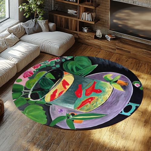 Goldfisch Garten Stillleben Runde Kinderteppiche 80cm für Schlafzimmer waschbar weicher Kurzflor Rutschfester Kreis Schlafzimmerteppich Wintergarten Balkon Home Lounge Klassenzimmer von WEECHAINGE