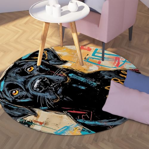 Graffiti Black Dog Portrait Waschbarer Runder Teppich Blaugrün/Gelb Wohnzimmer Kreis Bereich Teppiche Vintage Esszimmer Matte Fleckenabweisender Kinderzimmerteppich für Mudroom Küche Wohnung 90cm Graffiti Black Dog Portrait Waschbarer Runder Teppich Blaugrün/Gelb Wohnzimmer Kreis Bereich Teppiche Vintage Esszimmer Matte Fleckenabweisender Kinderzimmerteppich für Mudroom Küche Wohnung 90cm von WEECHAINGE