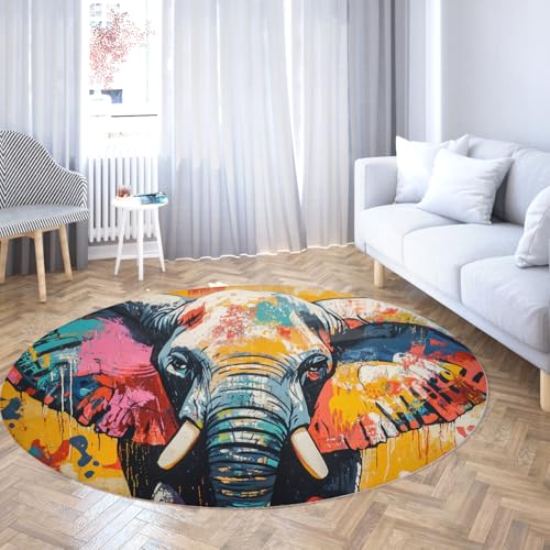 Graffiti Elefant Print Runder Bereich Teppich für Wohnzimmer Waschbarer Kinderzimmerteppich Spielzimmer Bunte Kreisteppiche Kinder Schlafzimmer Rutschfester Circluar Wohnteppich Weicher 180cm Graffiti Elefant Print Runder Bereich Teppich für Wohnzimmer Waschbarer Kinderzimmerteppich Spielzimmer Bunte Kreisteppiche Kinder Schlafzimmer Rutschfester Circluar Wohnteppich Weicher 180cm von WEECHAINGE