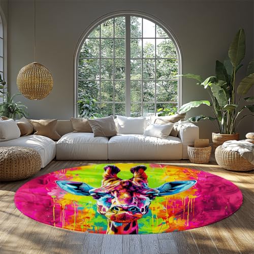 Graffiti Giraffe Kleine Runde Eingang Teppiche Waschbarer Rutschfester Kreis Teppich für Badezimmer Weiche Lebendige Neon Akzent Nicht Verschütten Indoor Couchtisch Matte Schlafzimmer 150cm von WEECHAINGE