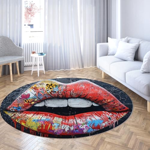 Graffiti Lips Runde Teppiche für Küche Boden Abwaschbar Kleiner runder Flurteppich Rutschfest Nicht verschüttend Pop Art Dünner Kreis Teppich Schlafzimmer Wohnzimmer Schlafsaal Rot/Schwarz 100cm Graffiti Lips Runde Teppiche für Küche Boden Abwaschbar Kleiner runder Flurteppich Rutschfest Nicht verschüttend Pop Art Dünner Kreis Teppich Schlafzimmer Wohnzimmer Schlafsaal Rot/Schwarz 100cm von WEECHAINGE