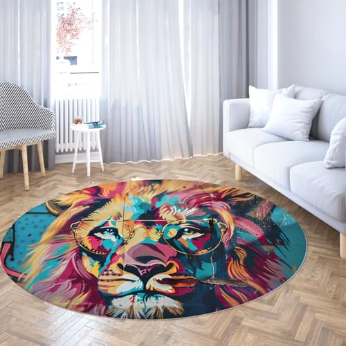 Graffiti Löwe Runder Teppich waschbar Kreis Teppiche Rutschfester niedrigfloriger Wohnteppich aus Kunstwolle Weicher bunter Pop-Art-Fußmatte für Wohnzimmer Schlafzimmer Büro Schlafsaal 120cm Graffiti Löwe Runder Teppich waschbar Kreis Teppiche Rutschfester niedrigfloriger Wohnteppich aus Kunstwolle Weicher bunter Pop-Art-Fußmatte für Wohnzimmer Schlafzimmer Büro Schlafsaal 120cm von WEECHAINGE