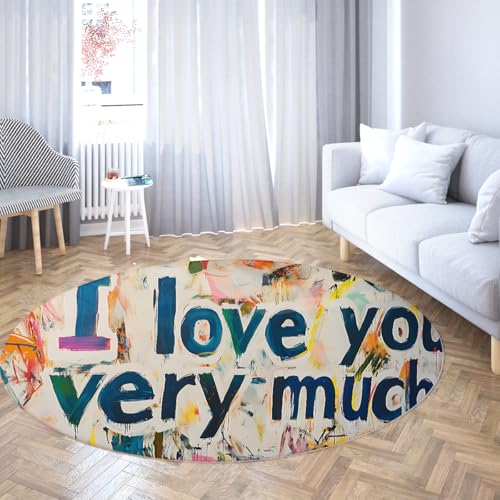 Graffiti Zitat Runder Teppich großer Kreis waschbare Flächenteppiche für Schlafzimmer Wohnzimmer Badezimmer Boho rutschfester Wohnteppich "I love you very much" Text mit bunten Farbspritzern 120cm von WEECHAINGE