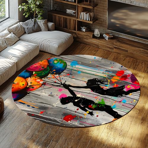 Grau Street Art Runder Teppich Kinder mit Luftballons Graffiti Splash Waschbarer Kreis Wohnteppich Rutschfester niedriger Flor Moderne Bunte Bodenmatte für Wohnzimmer Schlafzimmer 135cm von WEECHAINGE